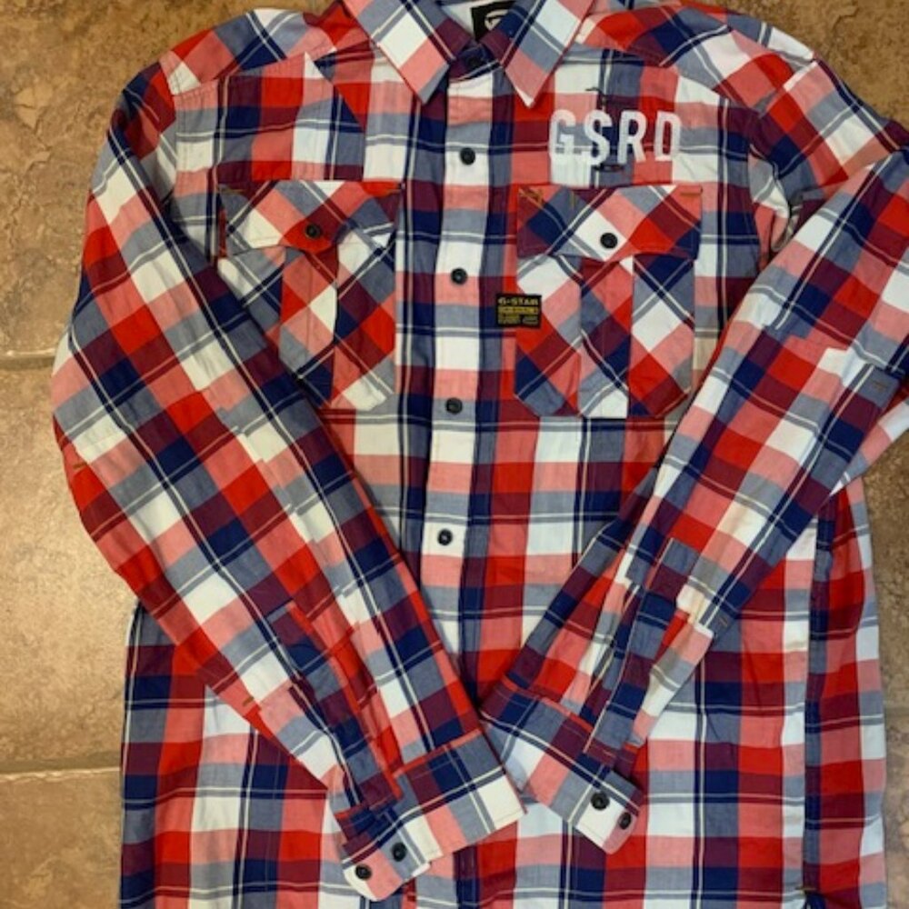 Red, white and blue plaid G-Star snap and zip front shirt with flap pockets